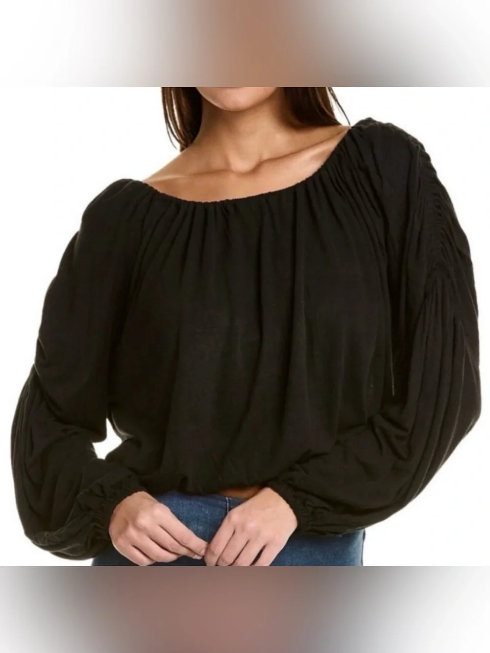 NWT Free People In A Dream Top Black Linen Blend Crop Blouson Sleeve L